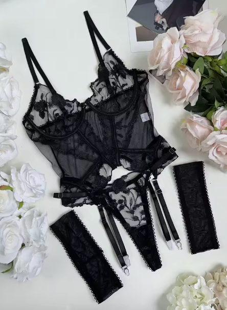 Monica | Koronkowy gorset z haftem i paskami do pończoch